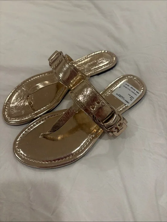 Tory Burch Metallic Rose Gold Thong Sandals with Logo Buckle