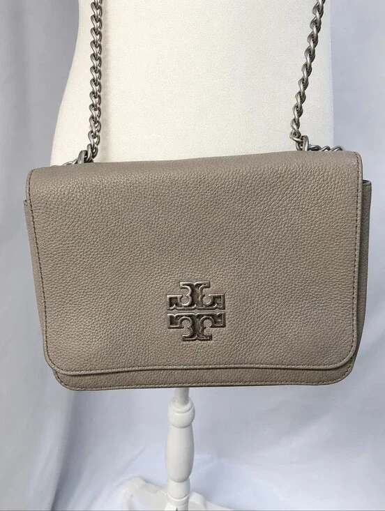 Tory Burch Taupe Pebbled Leather Flap Crossbody Shoulder Bag Silver Chain