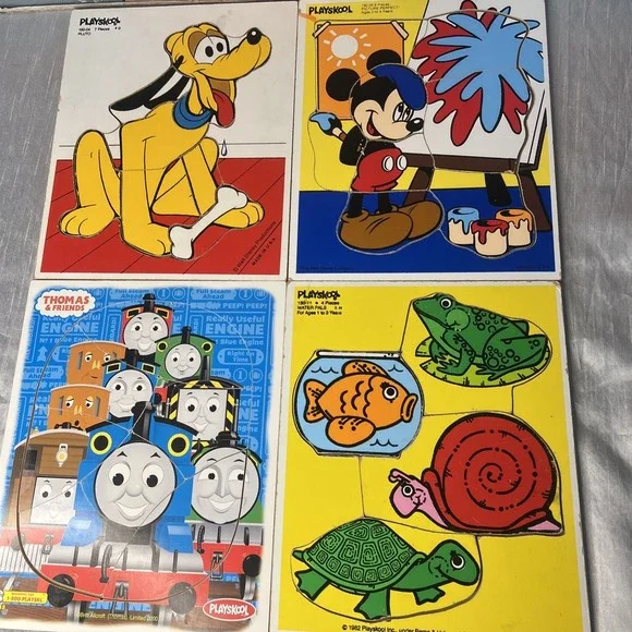 Vintage- Lot 4 Disney /Playskool Wooden Puzzles Mickey, Thomas The Train/ Pluto