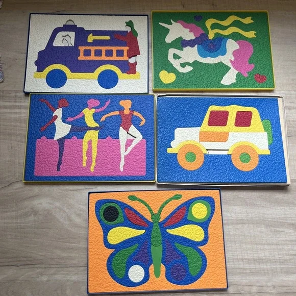 6 Vintage Lauri Crepe Foam Rubber Puzzles, Dancers, Unicorn, Butterfly, Jeep