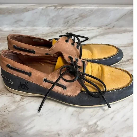 John Fluevog Vintage Yellow Black Leather Colorblock Boat Shoes Men's Size 9