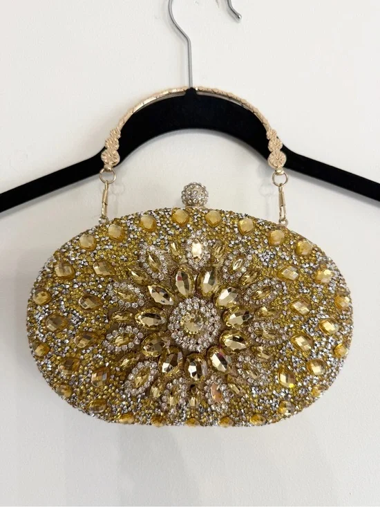 Gold Jeweled Oval Evening Clutch with Top Handle