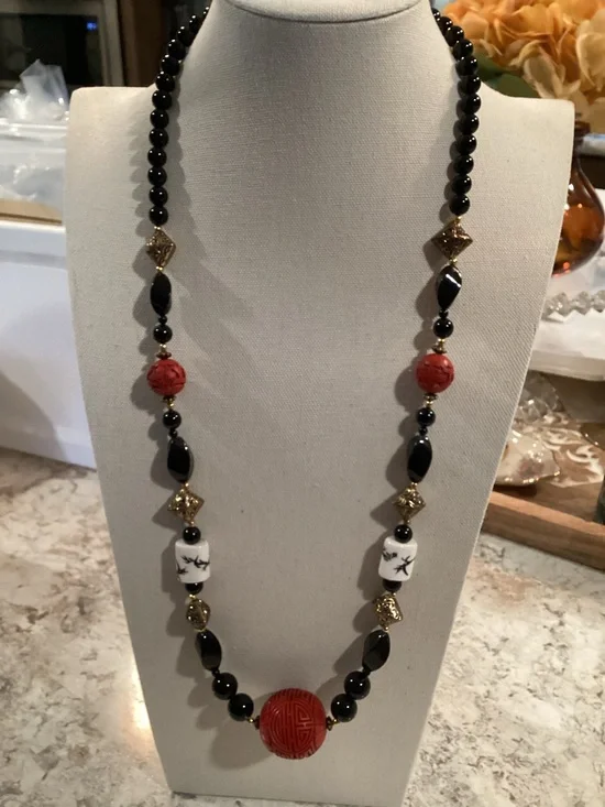 Black and Red Cinnabar and Ceramic Beaded Statement Necklace Oriental Design