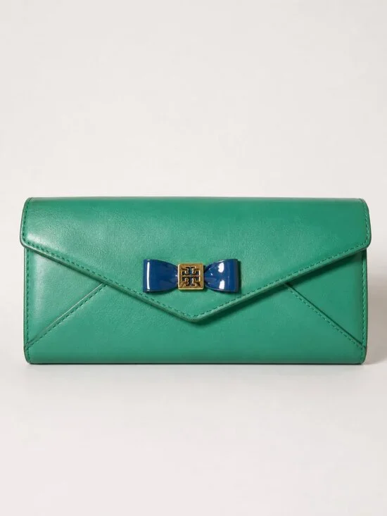 Tory Burch Green Leather Bow Continental Envelope Wallet Blue Enamel Bow