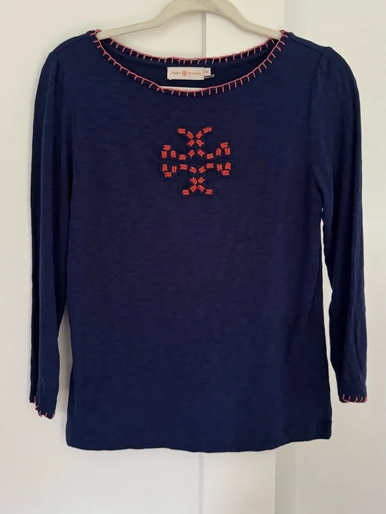 Tory Burch Navy Long-Sleeve Tee with Coral Embroidery