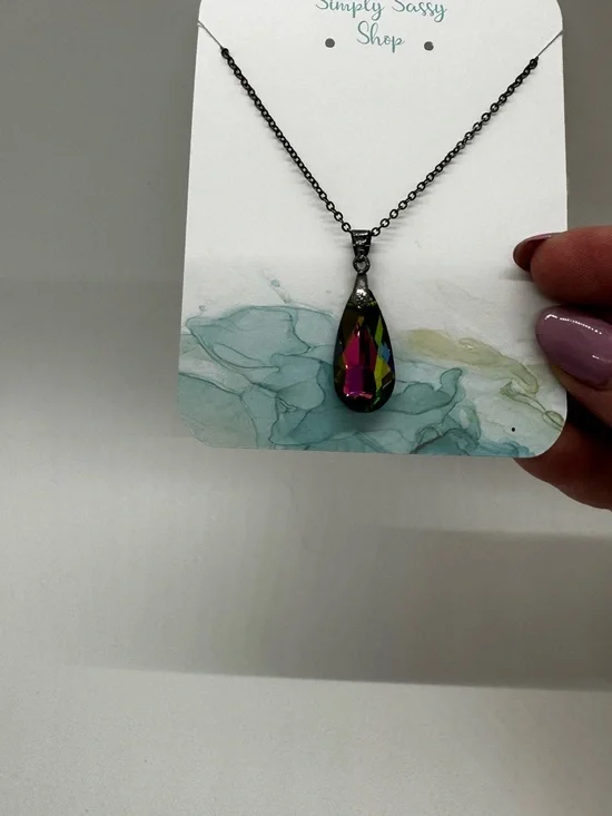 Multicolor “Oil Spill” Teardrop Pendant Necklace - Iridescent