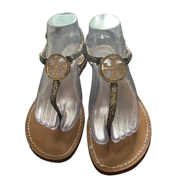 Tory Burch Sandal Women Size 8  T-Strap Thong Black /Gold Leather  Rhinestone