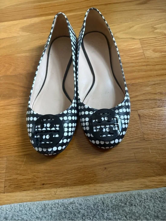 Tory Burch Black & White Polka Dot Logo Ballet Flats