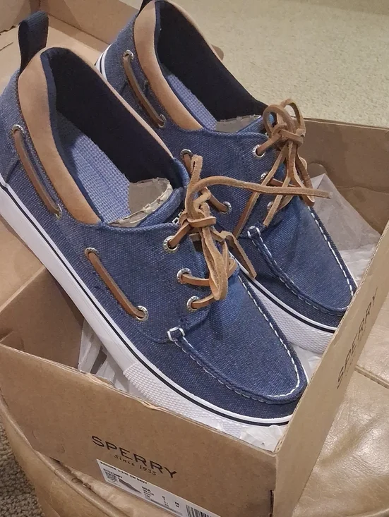 Sperry Navy Canvas Boat Shoes with Tan Leather Trim