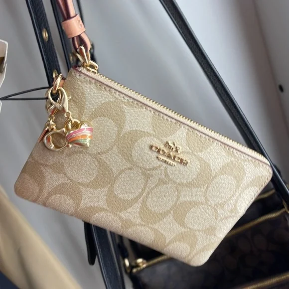 Coach Boxed Corner Zip Wristlet In Signature Canvas Gold/Light Khaki/Faded Blush
