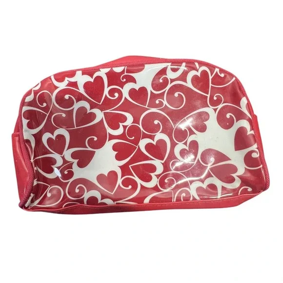Red & White Heart Swirl Cosmetic Bag Makeup Pouch Travel Toiletry Organizer‎