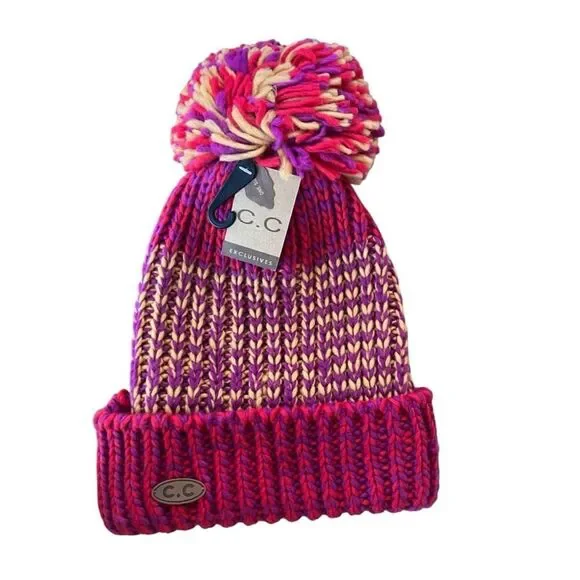 🆕 C.C  Vibrant Pink and Purple Pom Beanie