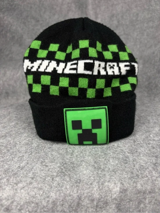 Official Minecraft Creeper Knit Beanie Green Black Checkerboard OSFM