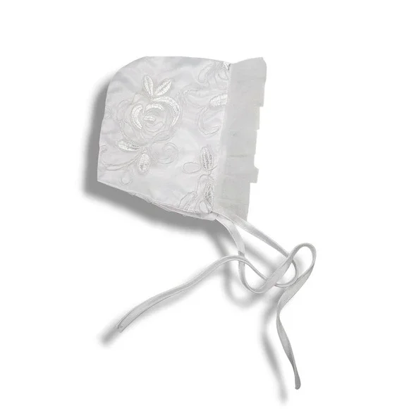 Baby Girls White Floral Embroidered Ruffle Tie Bonnet‎ Baptism OS