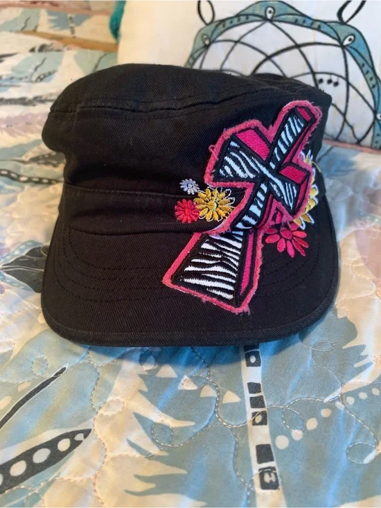 Womens Black Cap with Pink Zebra Cross Embroidery