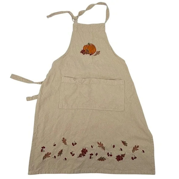 Sur La Table Tan Cotton Fall Apron Pumpkin Leaves Embroidery 26x34 Thanksgiving