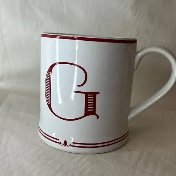 Sue La Table 16 Oz G Letter Coffee Tea Mug White Red 4 In Tall 3 1/4 In Diameter