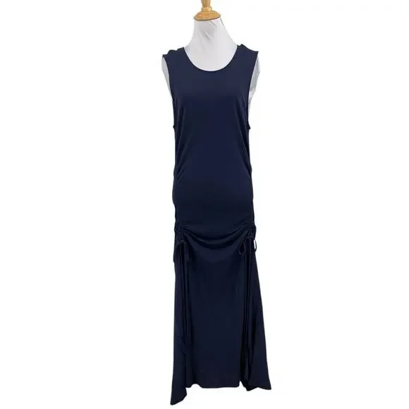 Tory Burch Dress Womens L Large Navy Shannon Sleeveless Front Tie Cinching Midi