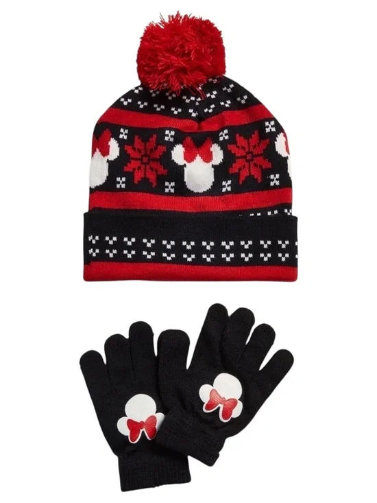 Disney Girls 2-Piece Minnie Mouse Fair Isle Knit Hat Gloves Set Red/Black 4-6X