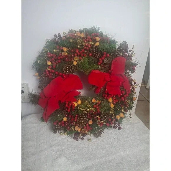 Christmas Wreath Red Velvet Bows Berries Pinecones Artificial Holiday Decor