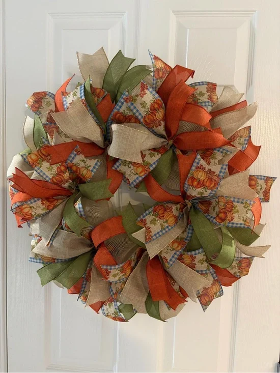 Autumn Harvest Ribbon Wreath - Orange, Green, Beige