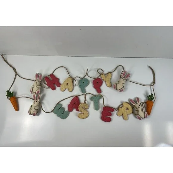Happy Easter Bunny Garland Rabbits Bunnies Spring Felt Wool Banner Decoration