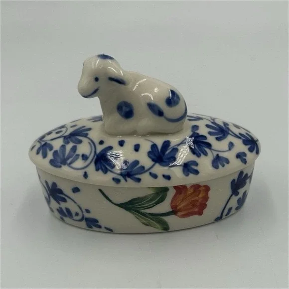 Vintage Delfts Holland Hand painted Floral Oval Trinket Box cow
