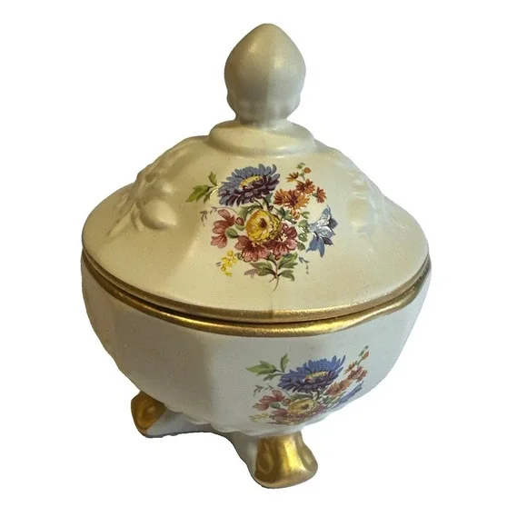 Vintage Ceramic White Gold Trim Floral House of Fuller Trinket Dish with Lid USA