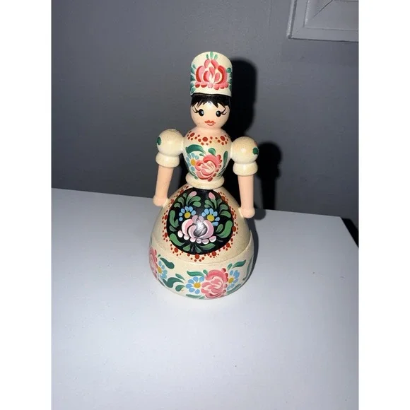 Original Vintage Hungarian Folk Art Costume Wooden Doll Hand Painted Trinket Box
