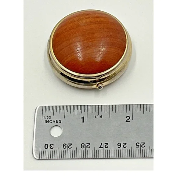 Vintage Round Pill Box Wood Inlay‎ Gold Tone 3-Compartment