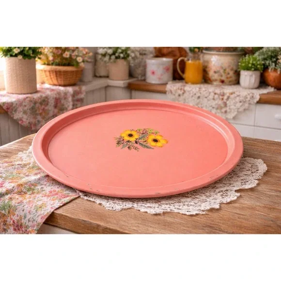 Vintage floral daisy coral pink yellow flowers 70's large oval 18x14.5