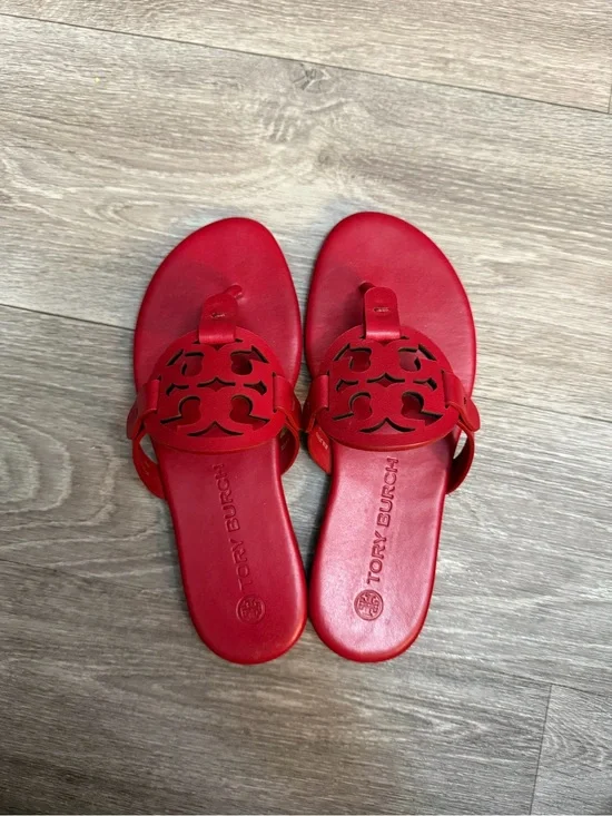 Tory Burch Red Logo Cutout Leather Toe-Post Sandals