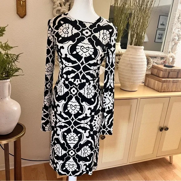 TORY BURCH Printed Black‎ White Silk Dress Women Size Small