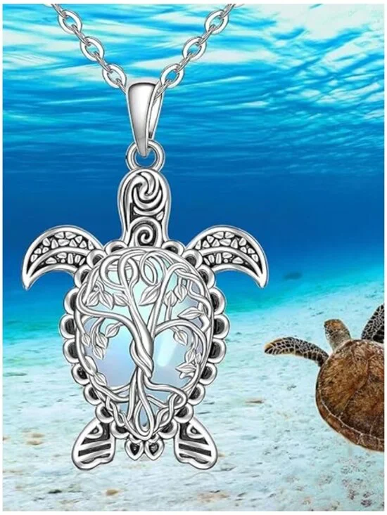 Silver Zinc Alloy Faux Moonstone Tree of Life Sea Turtle Pendant Necklace NWT