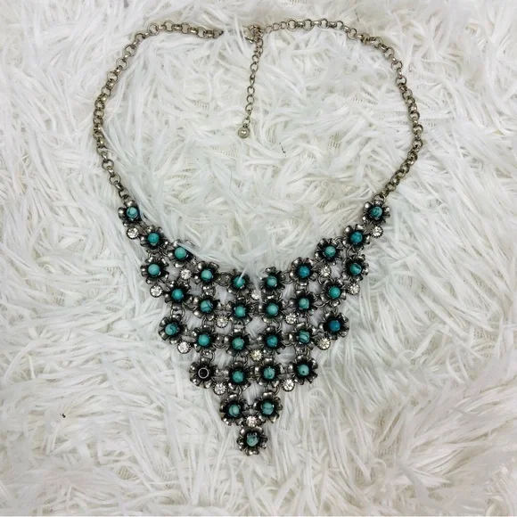 UNBRANDED silver flower turquoise, jeweled triangle chain necklace
