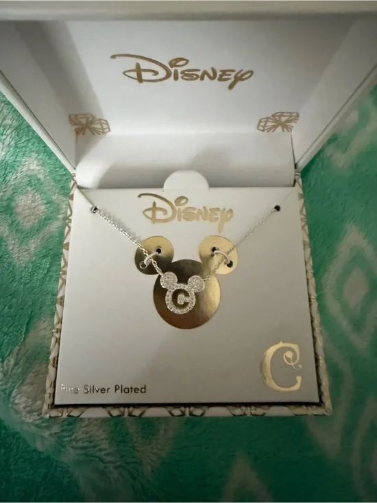 Disney Silver Mickey Initial 'C' Necklace with Sparkling Stones - Silver