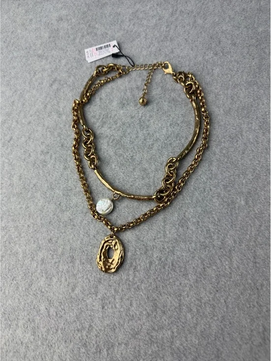WHBM Gold Tone Layered Statement Necklace Hammered Bar Faux Pearl Adjustable