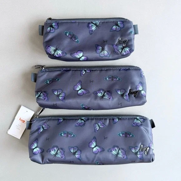 NWT Lug Schooner Butterfly Grey 3-Piece Cosmetic Makeup Travel Pouch Storage Set