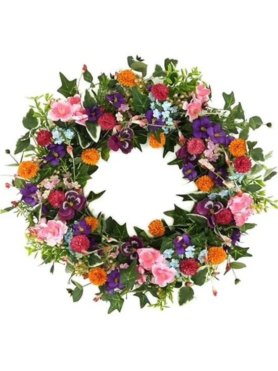 Spring Summer Wreaths for Front Door Pansy Wreath with Pink Cherry Blossoms