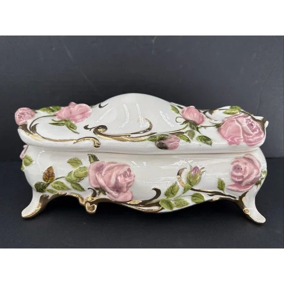 Vintage Pink Rose Porcelain Coffin Trinket Ceramic Jewelry Dresser Box Boho Chic