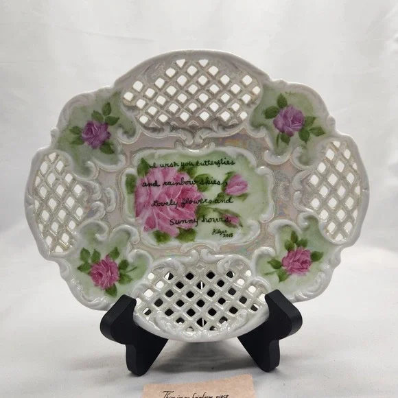 VICTORIAN Tea Rose Platter Formalities Tray Plate Hand Painted Porcelain Lace...