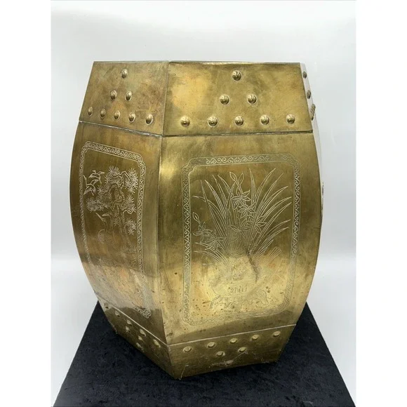 Vintage Brass Chinese Garden Stool‎ Seat, Mid-Century Hollywood Regency Look
