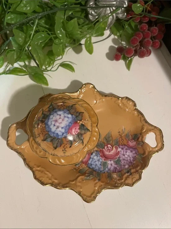 FLORAL VANITY TRAY & LIDDED TRINKET DISH - Victorian Style - NO CHIPS/CRACKS VTG