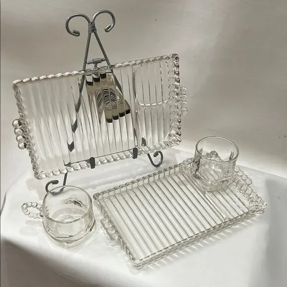 Hazel Atlas Ball & Rib Elegant Clear Glass Smoke Snack & Sip Tray 6 Oz Cup Set