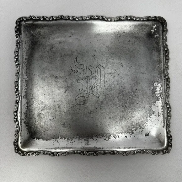 Antique 1892 Monogram Vanity Dresser Tray Ornate Victorian 8x9 Scroll Unmarked