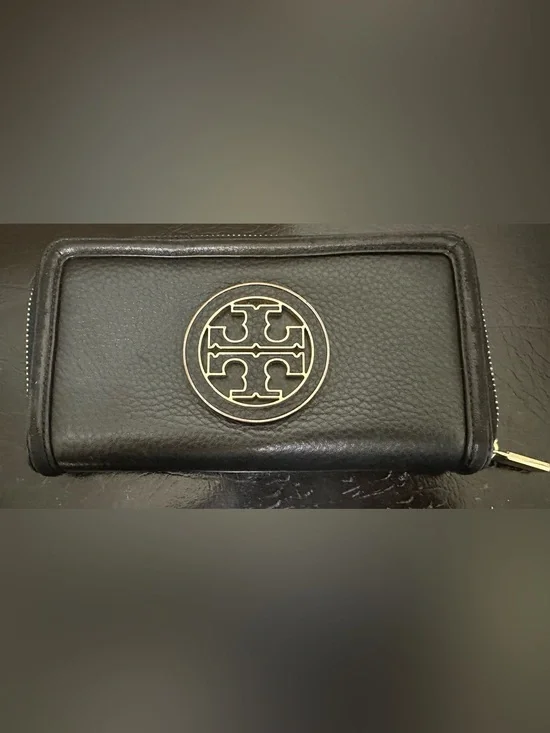 Tory Burch Black Leather Zip-Around Wallet with Gold Logo