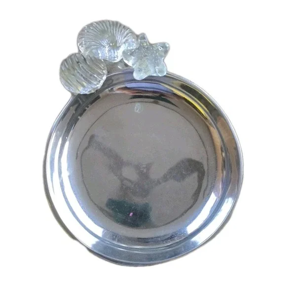 Vintage Silver Pewter‎ Serving Tray Decorative Coadtal Glass Shell & Starfish