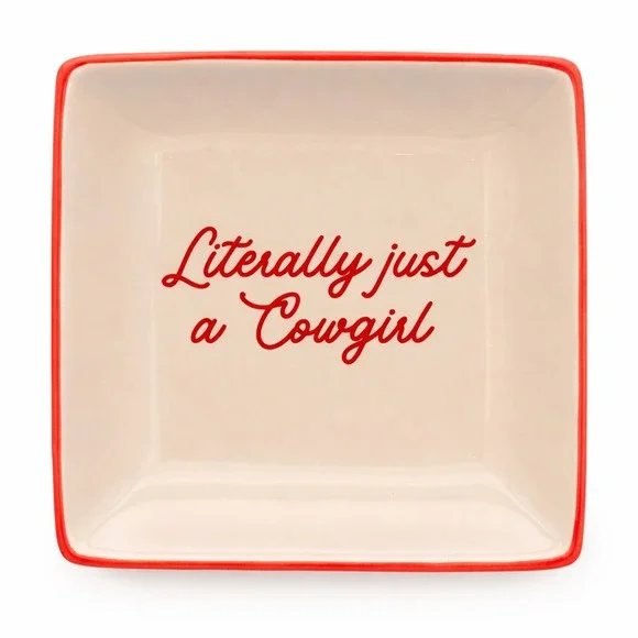 Literally Just A Cowgirl Ceramic Trinket Dish Square Jewelry Tray Red Cream