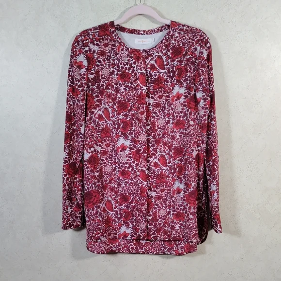 7131 Tory Burch red and burgundy floral L/S silk blouse 8