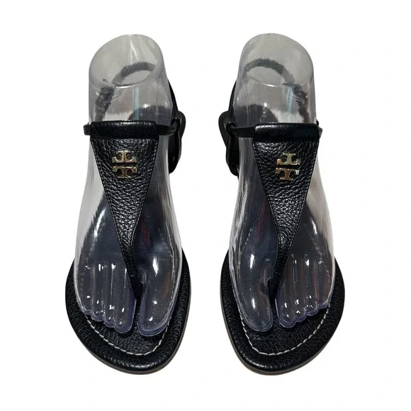 Tory Burch SIZE 7.5 Britton Black Leather Thong Wedge Sandals Cork Heels Logo